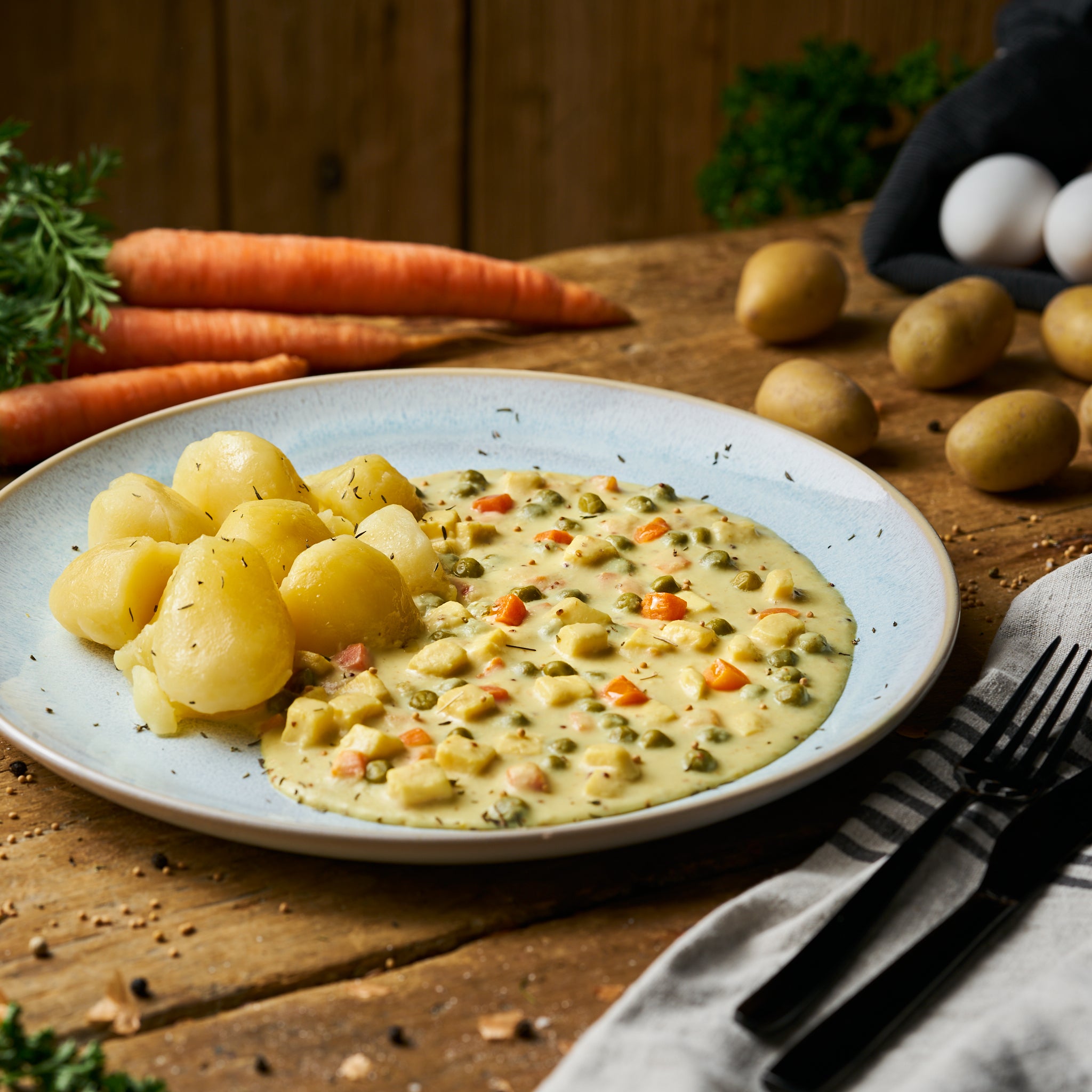 Eier-Senfragout mit Butterkartoffeln - Fertiggericht von Hausmannsküche