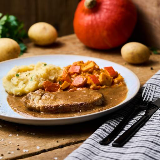 Senfbraten vom Schwein in Bratensauce mit Kürbisgemüse und Kartoffelstampf als Fertiggericht