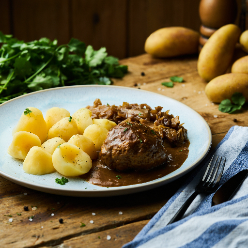 Boulette vom Schwein an Bayrisch Kraut und Butterkartoffeln als Fertiggericht