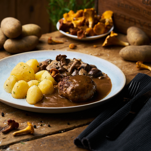 Boulette vom Schwein mit Pfifferlingssauce und Butterkartoffeln als Fertiggericht