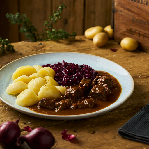 Rotweingulasch mit Rotkohl und Butterkartoffeln als Fertiggericht