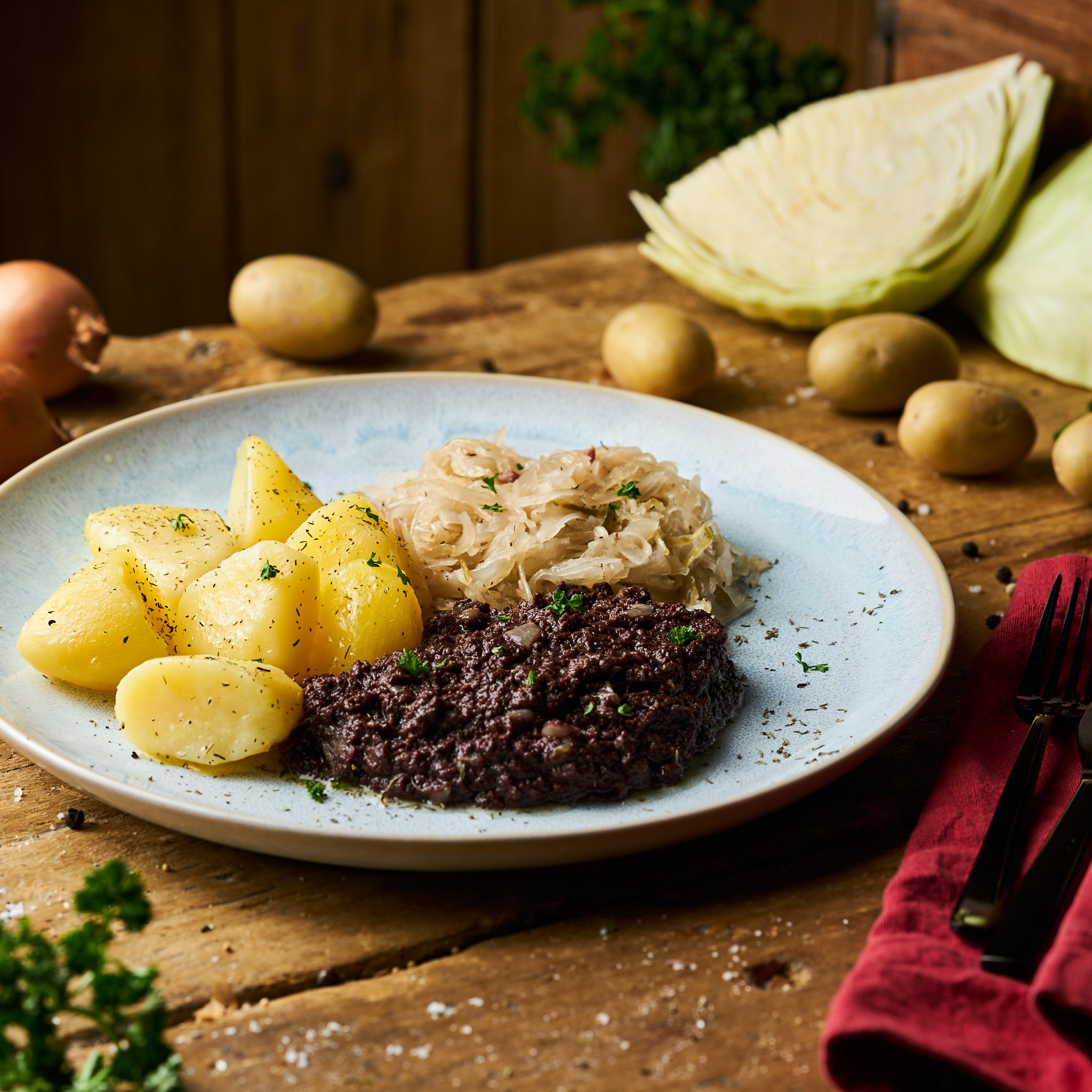Berliner Blutwurst an Sauerkraut und Butterkartoffeln als Fertiggericht