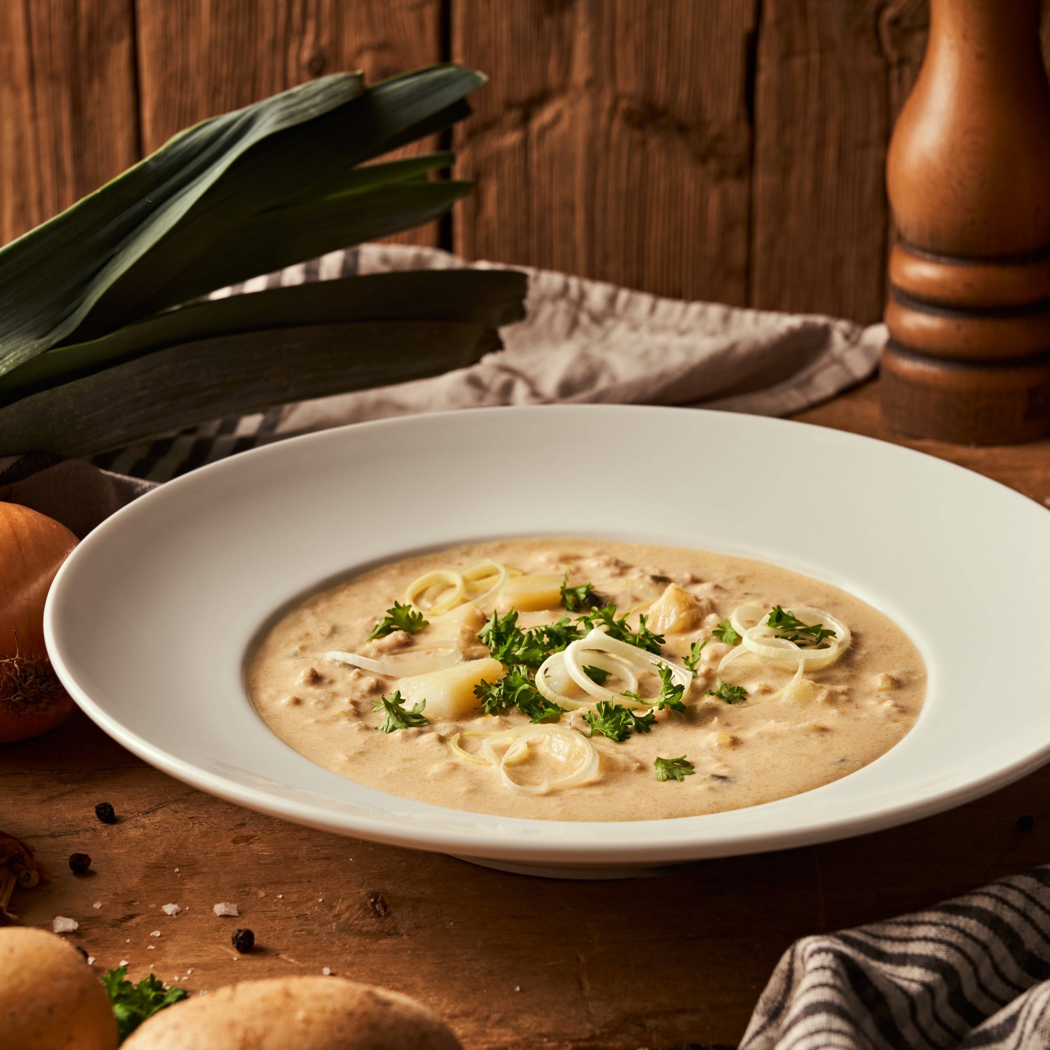 Würzige Käse-Lauchsuppe mit Gehacktem vom Schwein als Fertiggericht
