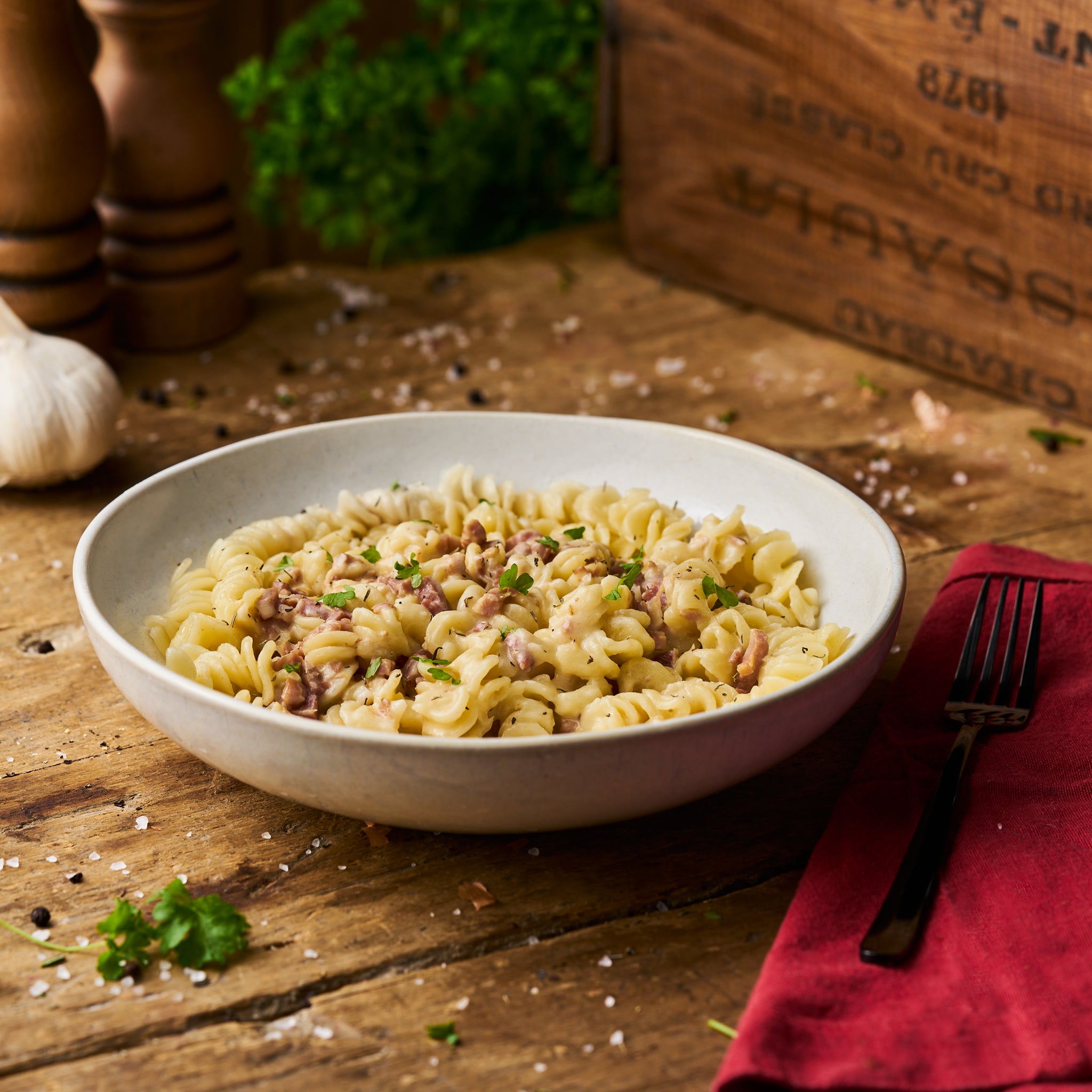 Spirelli mit Sauce Carbonara als Fertiggericht