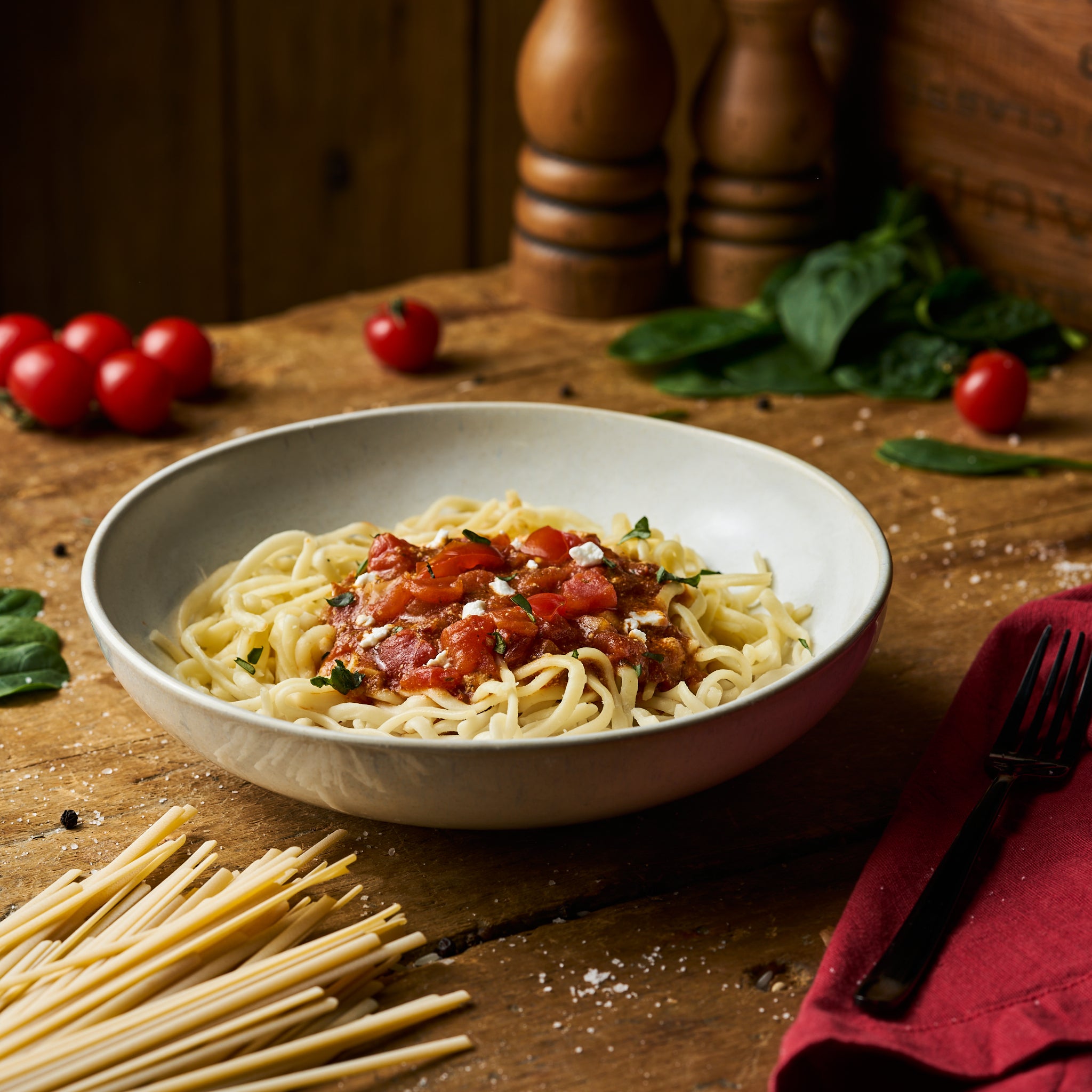 Linguine mit Tomatensauce und mildem Ziegenfrischkäse als Fertiggericht