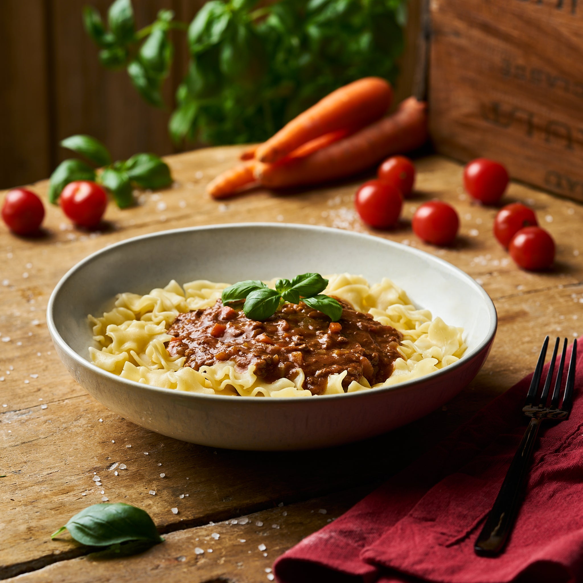 Rinderbolognese mit Wellenbandnudeln als Fertiggericht