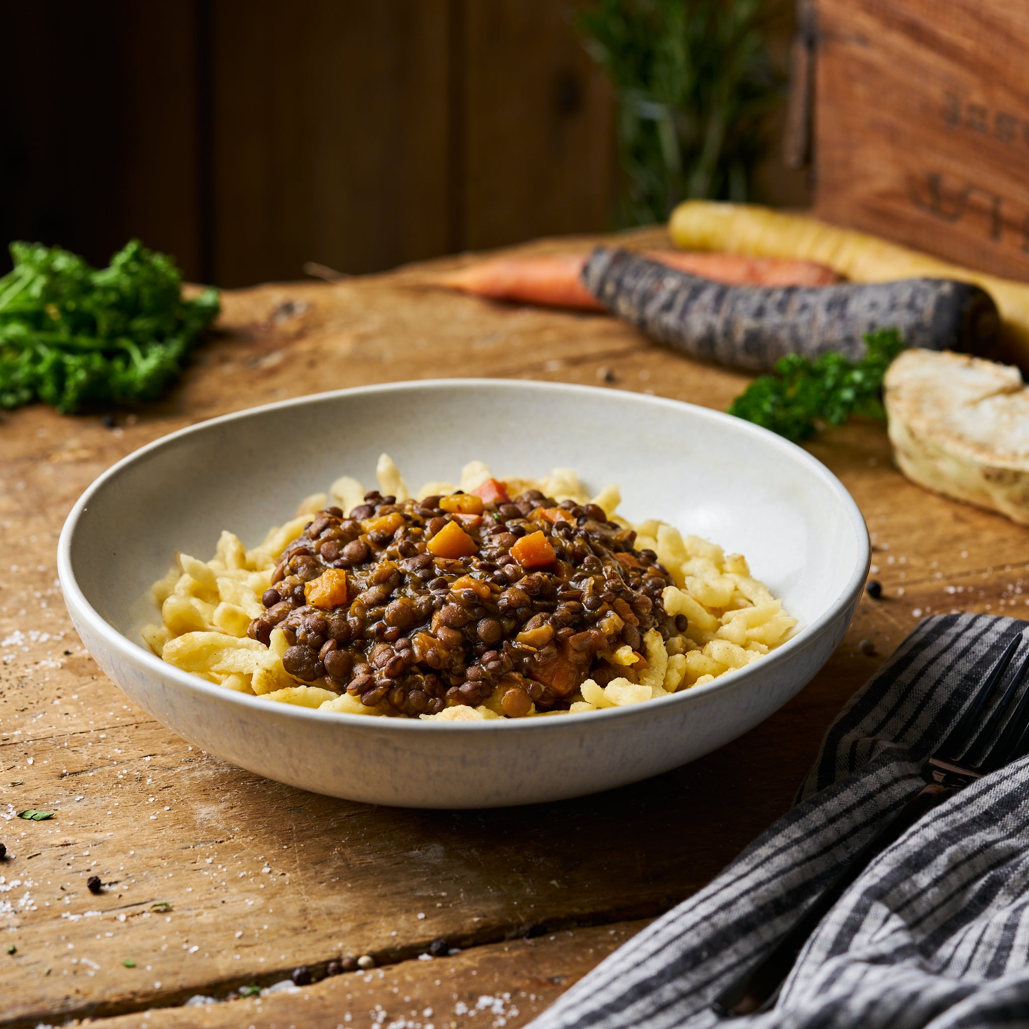 Gemüse-Linsenchili mit Spätzle als Fertiggericht
